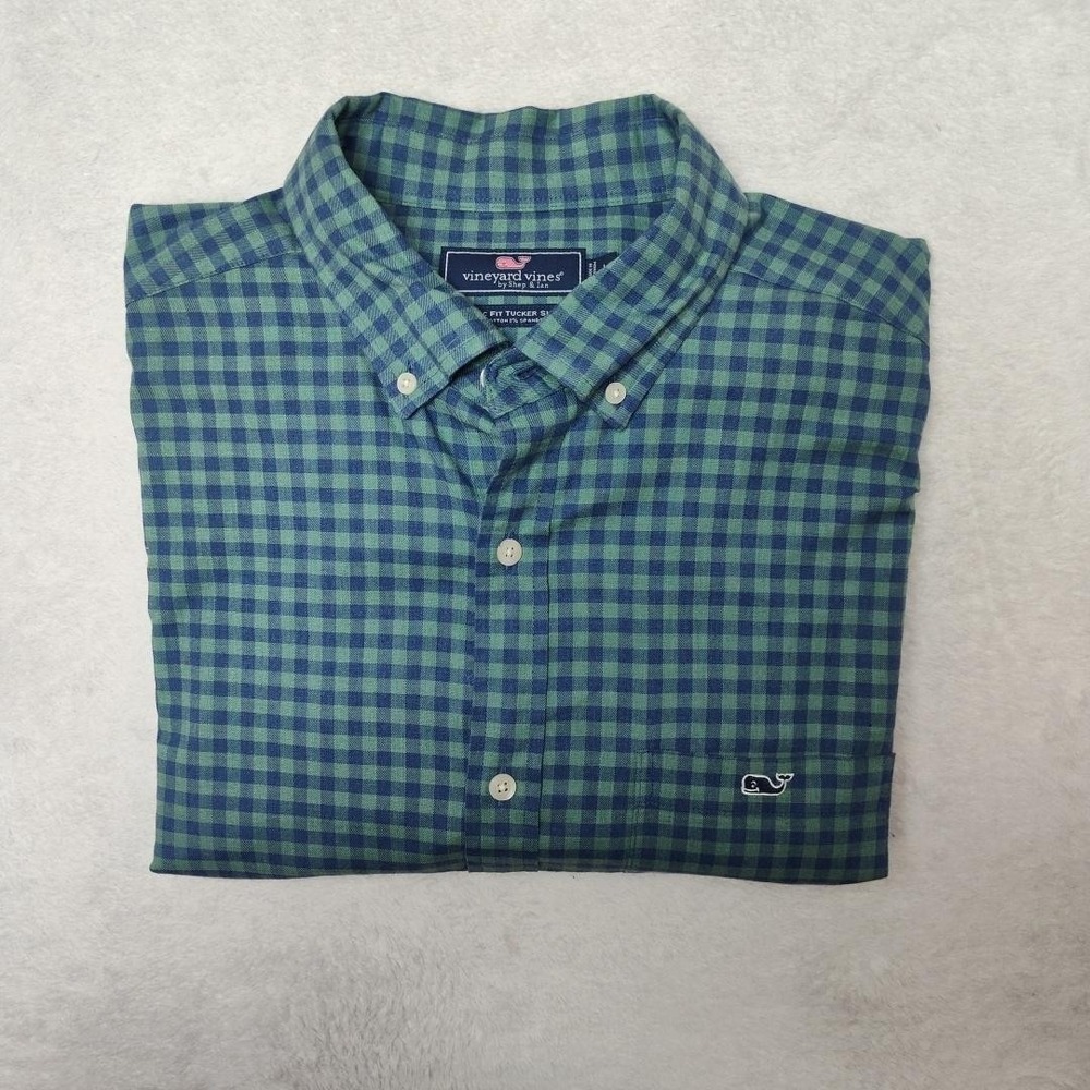 Vineyard Vines Shirt Mens L Green Check Button Up Classic Tucker Cotton Spandex